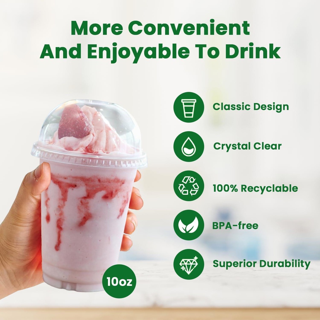 100 x HRD-CLESR SMOOTHIE CUP-295ml/10oz With CLEAR DOME LID WITH HOLE-78mm