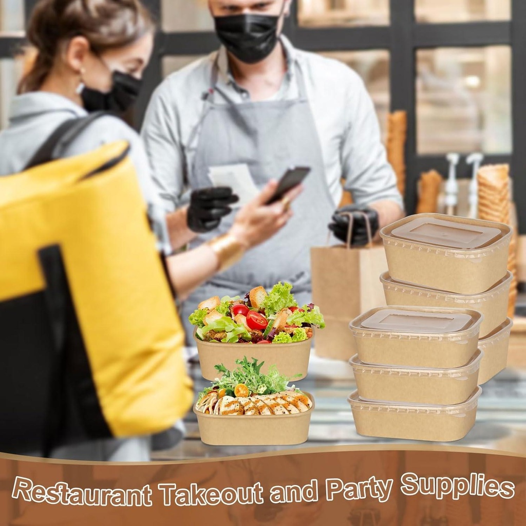 100 PK 1000 ML PP Lids Kraft Paper Disposable Food Container