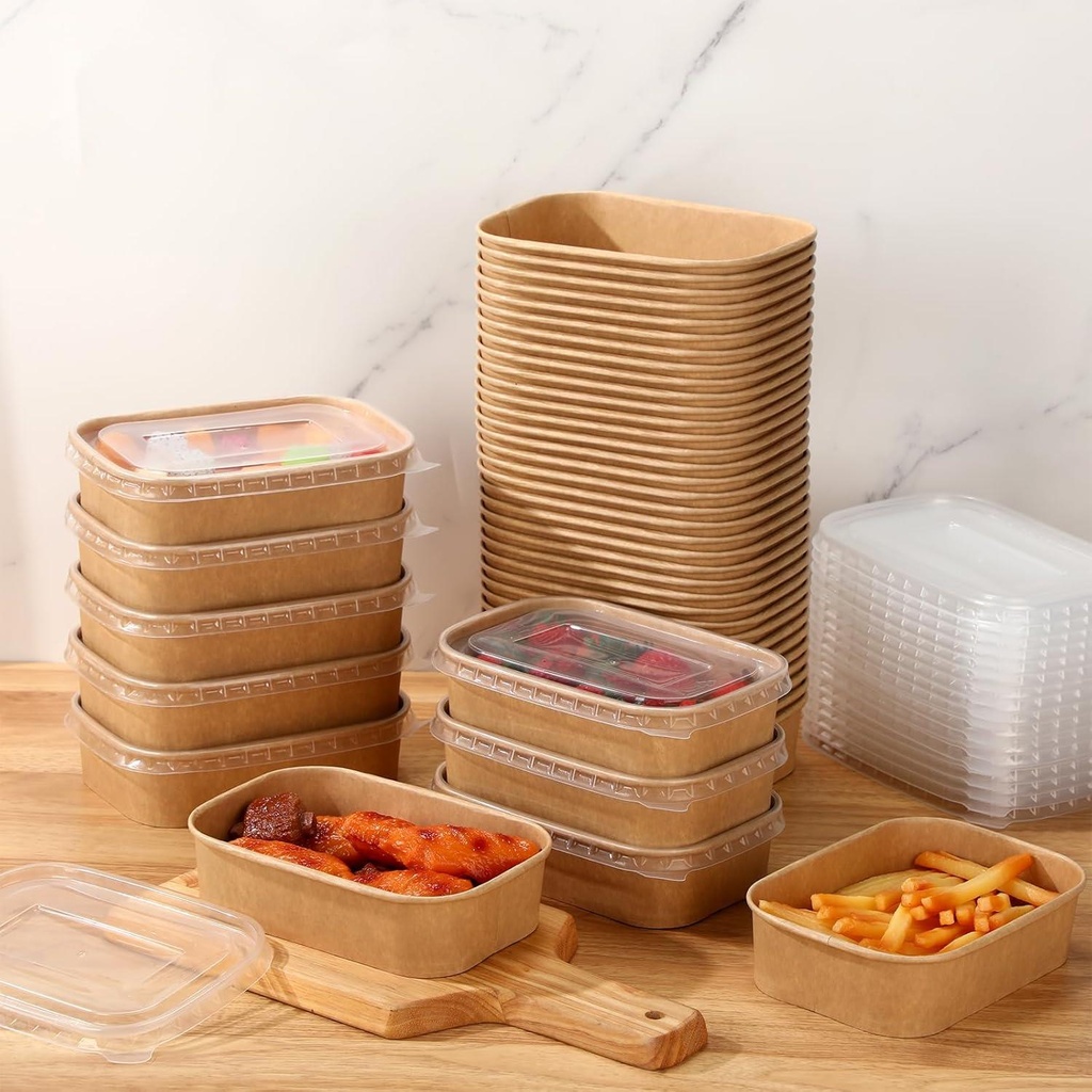 100 PK 1000 ML PP Lids Kraft Paper Disposable Food Container