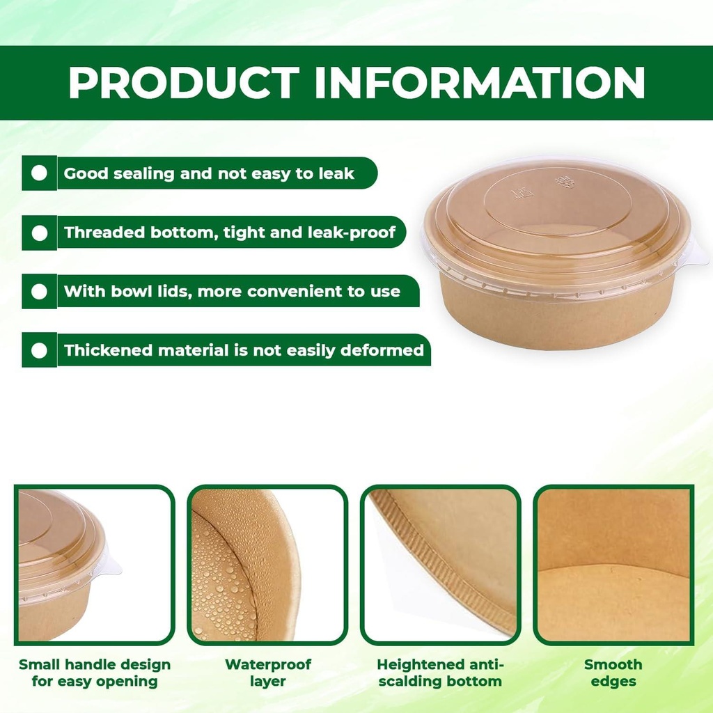 1000ML KRAFT SALAD BOWL WITH LID - 35 Oz 50pack