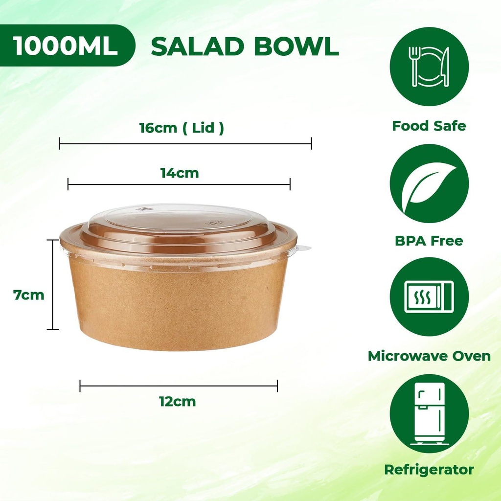1000ML KRAFT SALAD BOWL WITH LID - 35 Oz 50pack