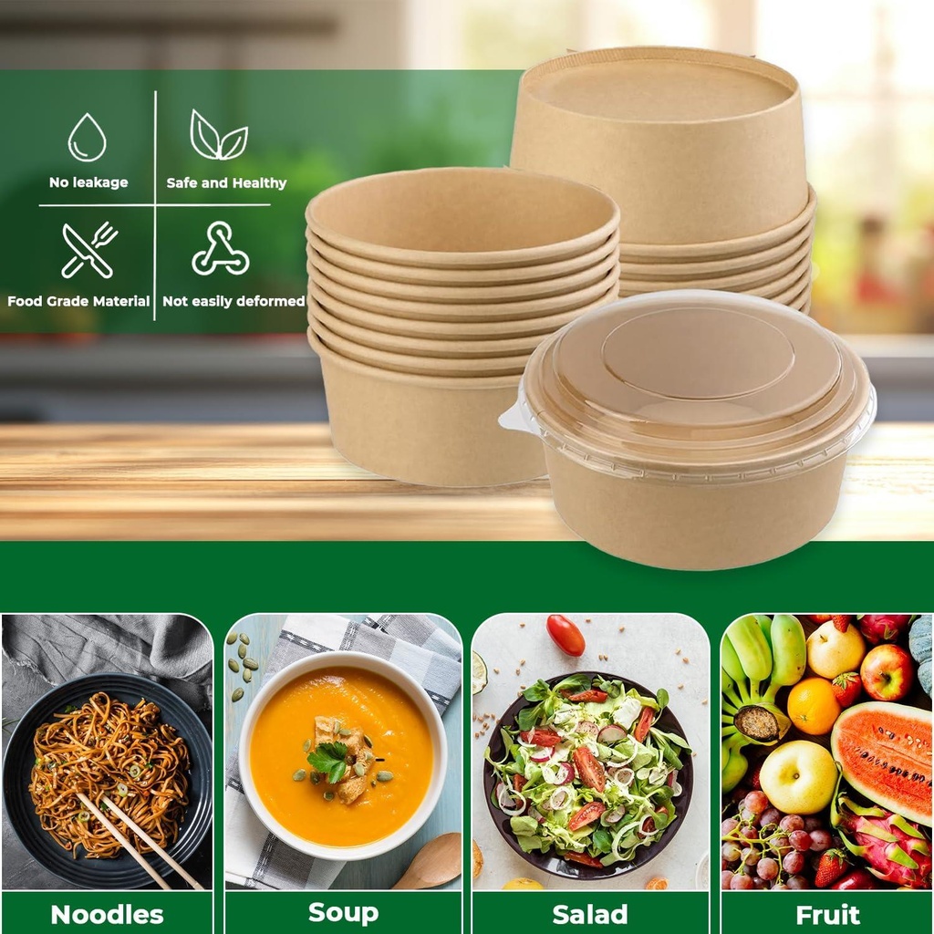 1000ML KRAFT SALAD BOWL WITH LID - 35 Oz 50pack