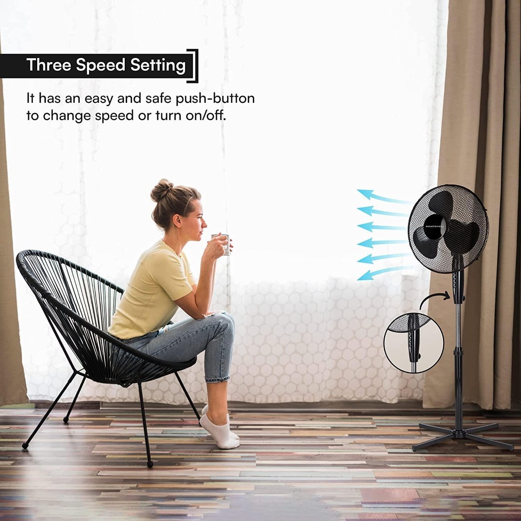 10 x MantraRaj Black Pedestal Standing Floor Fan 16 Inch 3 Speed Settings Safety Mesh Grill Oscillating Pedestal Fan Adjustable Height Tilting Head Standing Fan Ideal for Home Office Air Cooling Fan (10)