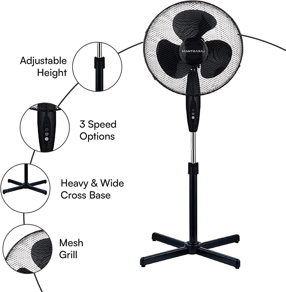 10 x MantraRaj Black Pedestal Standing Floor Fan 16 Inch 3 Speed Settings Safety Mesh Grill Oscillating Pedestal Fan Adjustable Height Tilting Head Standing Fan Ideal for Home Office Air Cooling Fan (10)