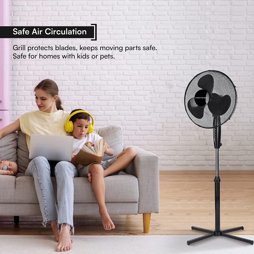 10 x MantraRaj Black Pedestal Standing Floor Fan 16 Inch 3 Speed Settings Safety Mesh Grill Oscillating Pedestal Fan Adjustable Height Tilting Head Standing Fan Ideal for Home Office Air Cooling Fan (10)