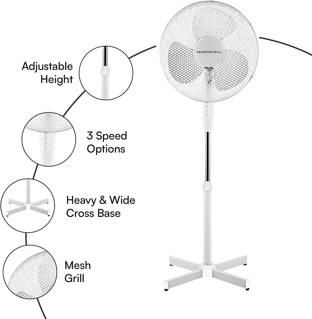 10 x MantraRaj White Pedestal Standing Floor Fan 16 Inch 3 Speed Settings Safety Mesh Grill Oscillating Fan Adjustable Height And Tilting Head Standing Fan Ideal for Home Office Air Cooling Fan (10)