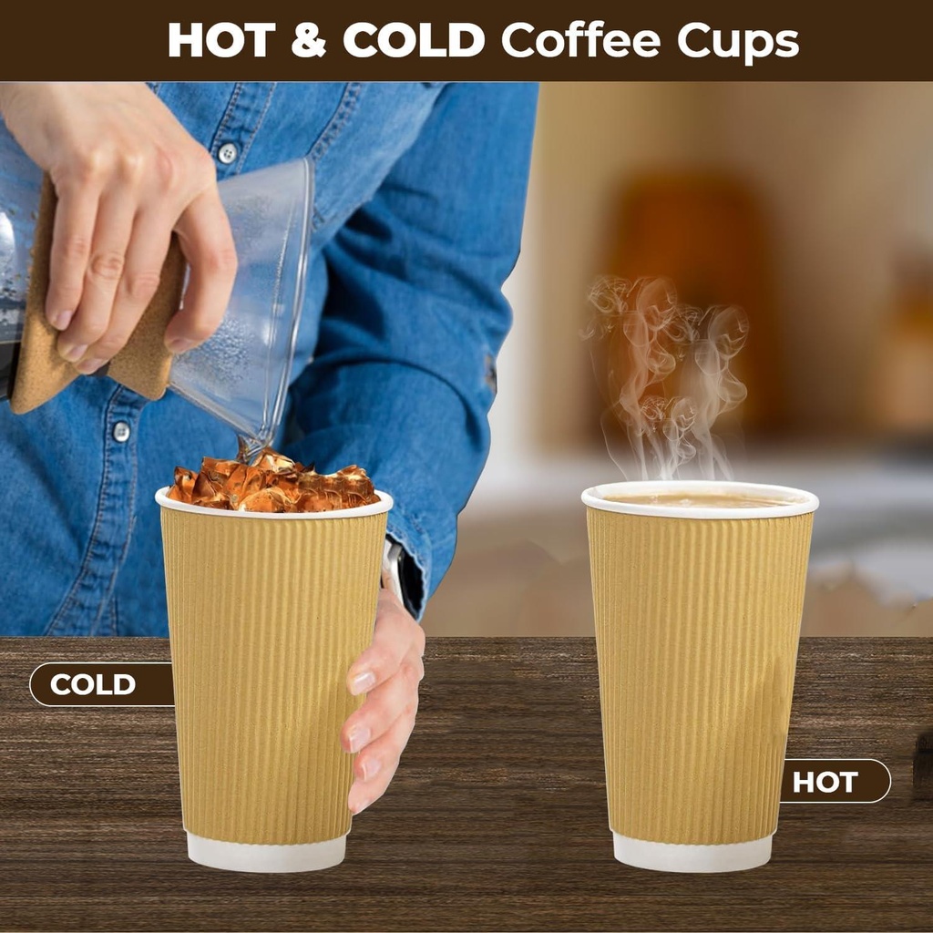 100 X 16OZ RIPPLE WALL PAPER CUP DISPOSABLE KRAFT 3 PLY