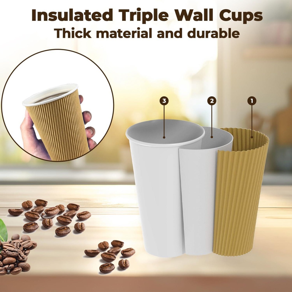 100 X 16OZ RIPPLE WALL PAPER CUP DISPOSABLE KRAFT 3 PLY