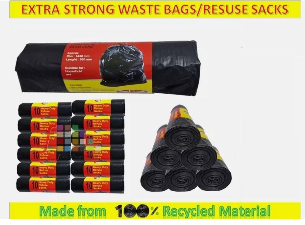 10 X HEAVY DUTY REFUSE SACKS BIN BLACK BAG EXTRA THICK LONG 100L, 17'' X 34'' INCH