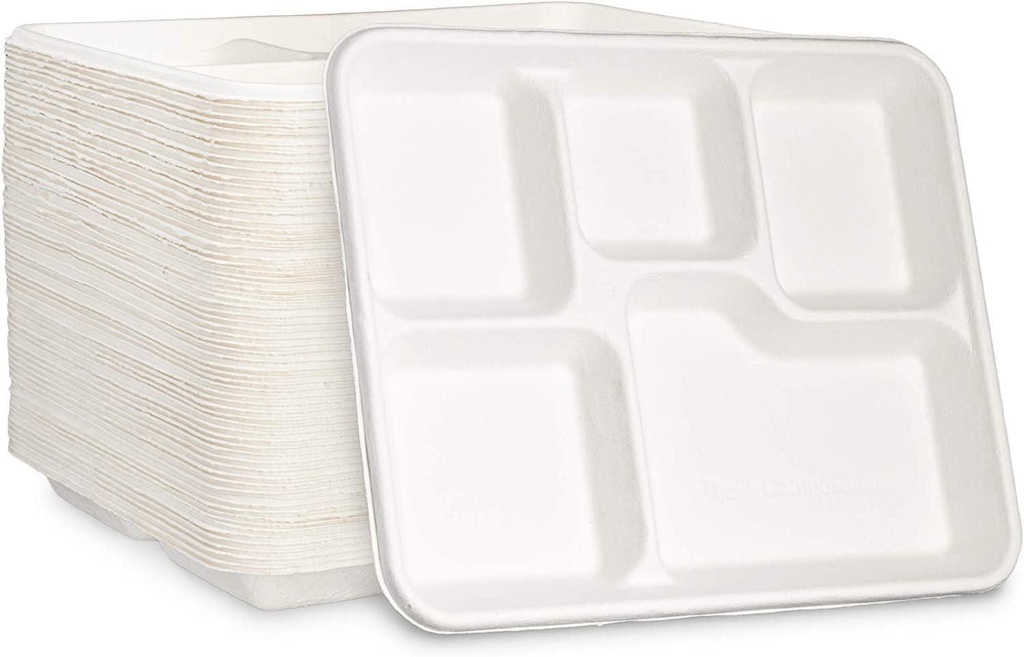 100 X 5 Compartment Rectangle Bagasse Plates
