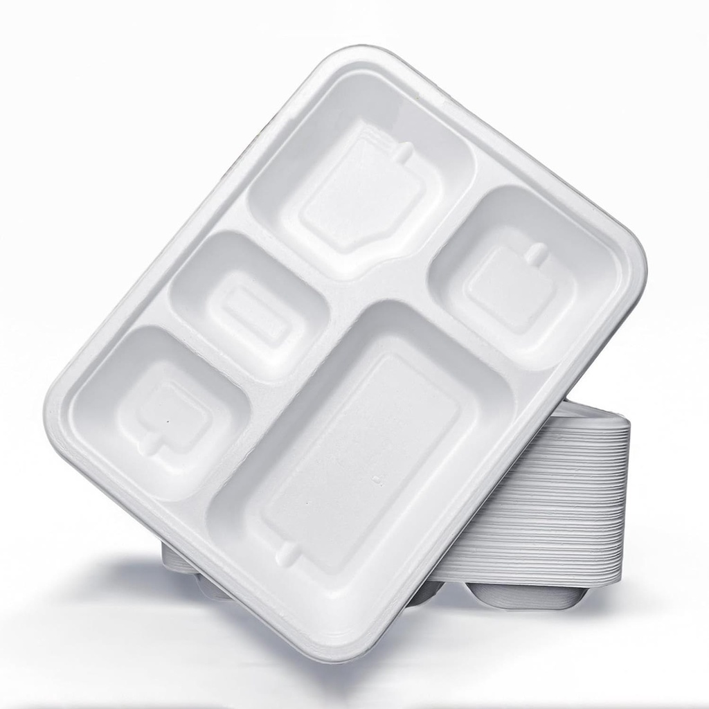 100 X 5 Compartment Deep Rectangle Bagasse Plates