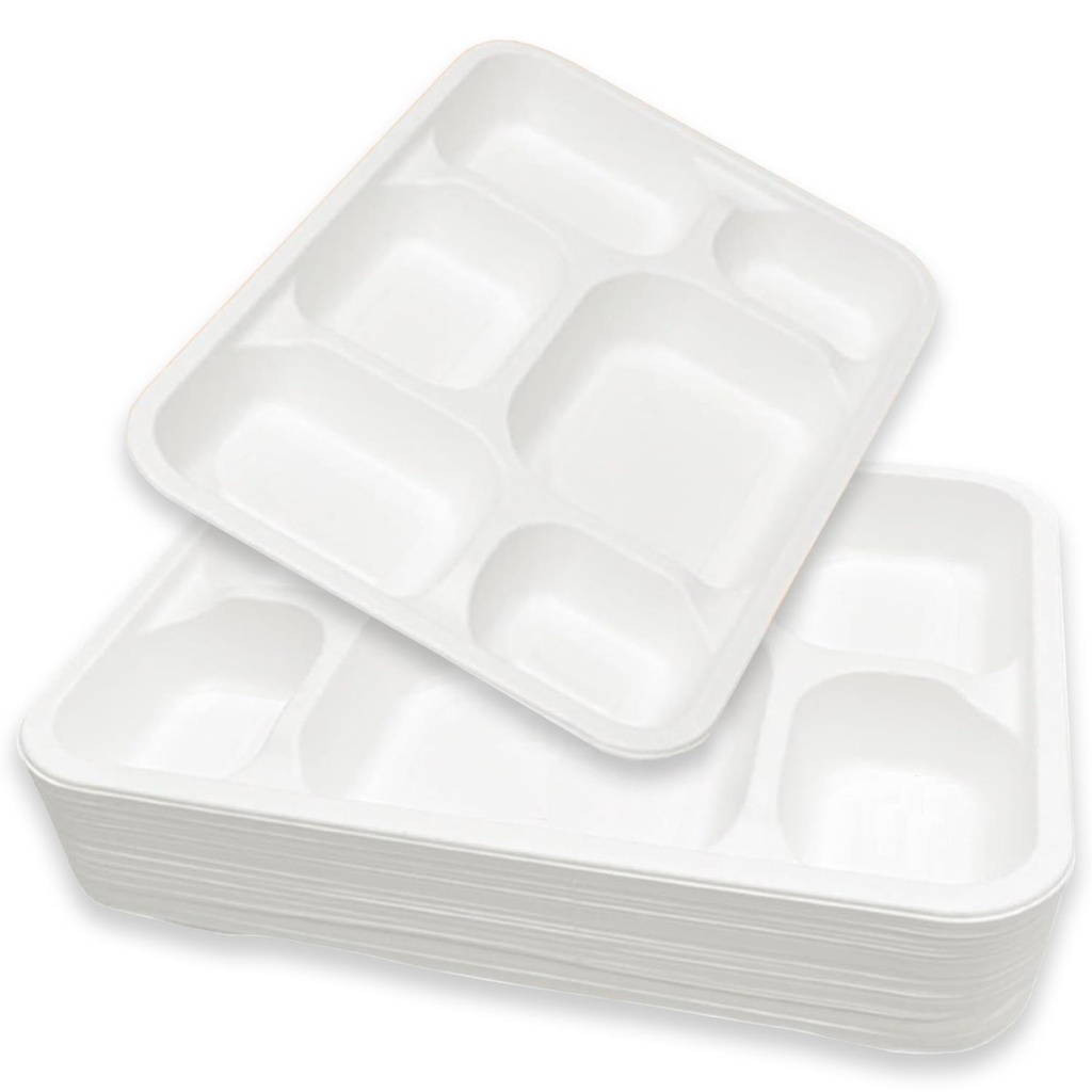 100 X Bagasse 6 Compartment Food Tray PLATE