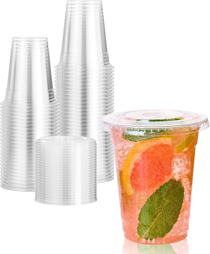 100 X 12Oz Clear Plastic Smoothie Cups With Flat Lids