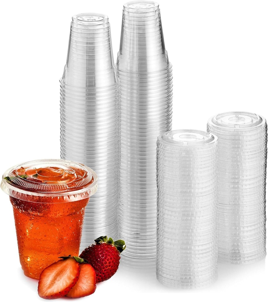 100 X 8Oz Clear Plastic Smoothie Cups With Flat Lids
