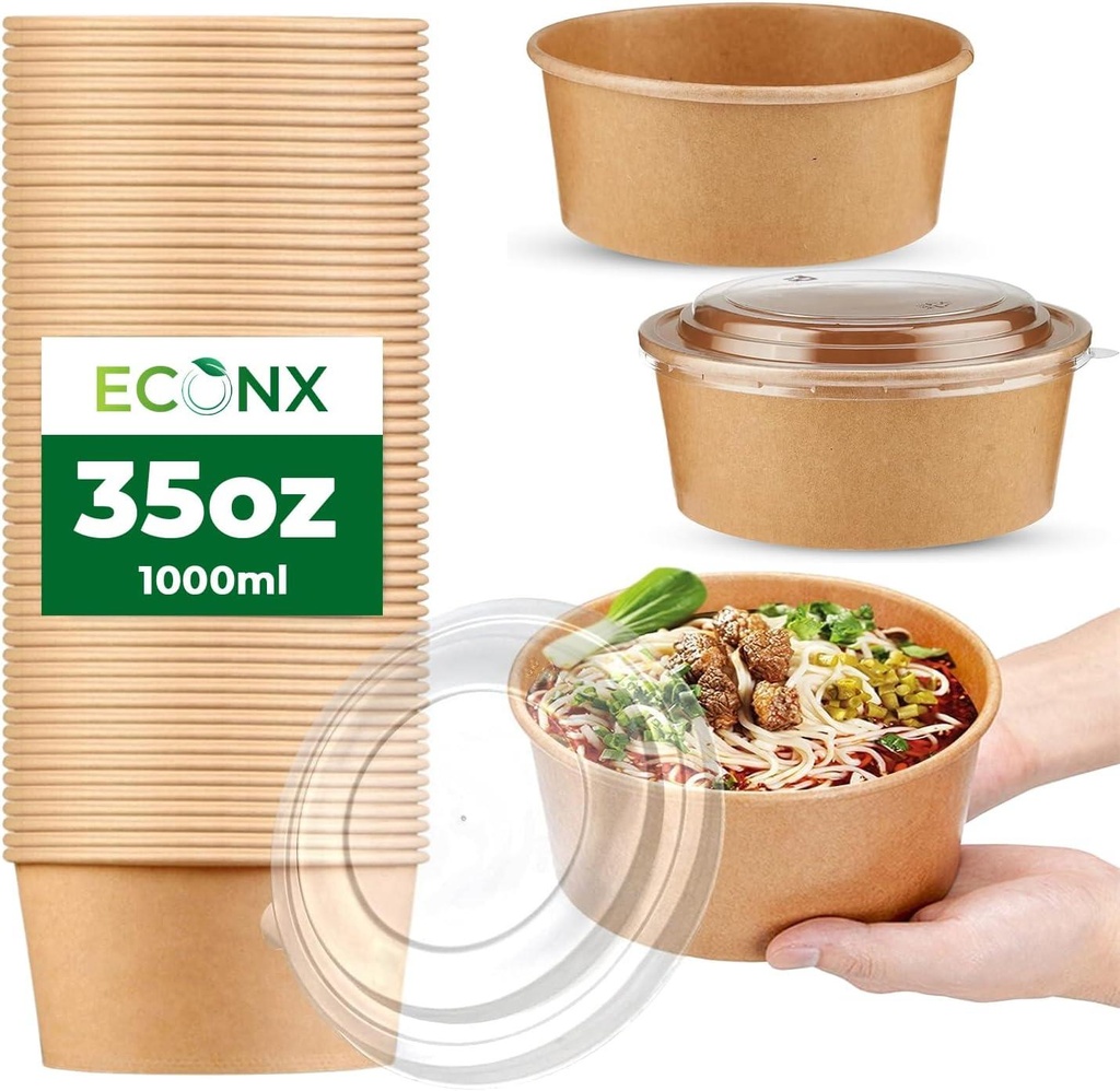 50 X 35Oz Brown Kraft Salad Paper Bowl With Lids