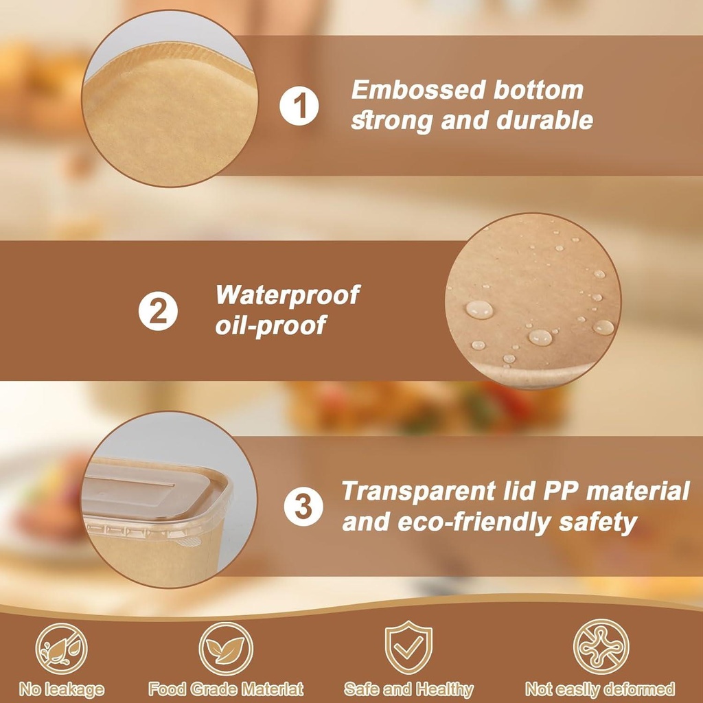 100 PK 1000 ML PP Lids Kraft Paper Disposable Food Container