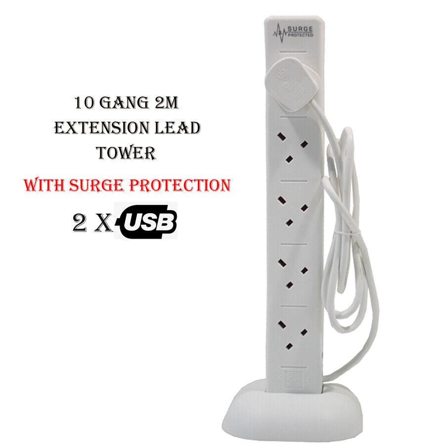 10 Gang 2m Tower Power Extension Socket Plug With 2 USB Port