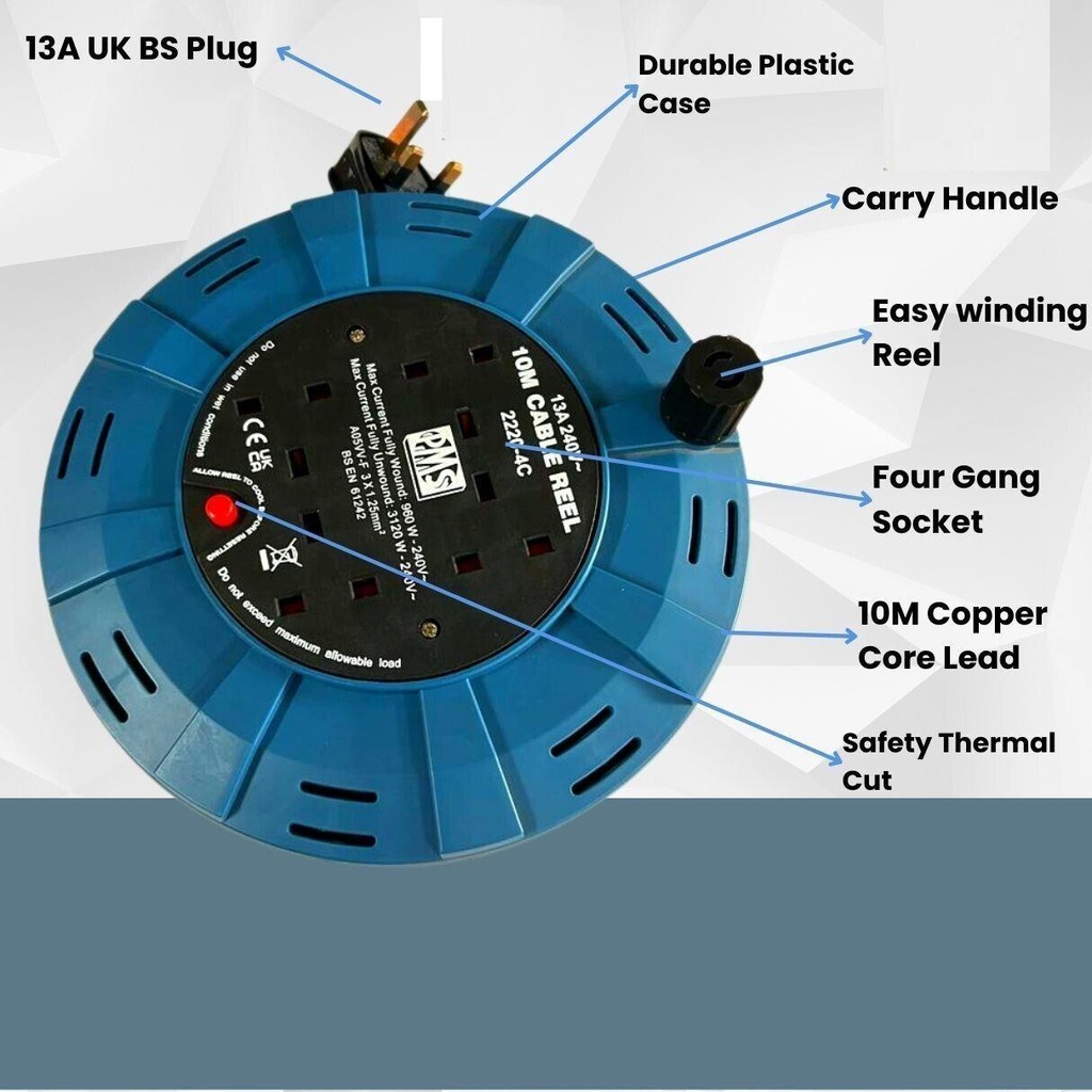 10 Meter Extension Lead Caset Reel 4 Way Gang Power Socket