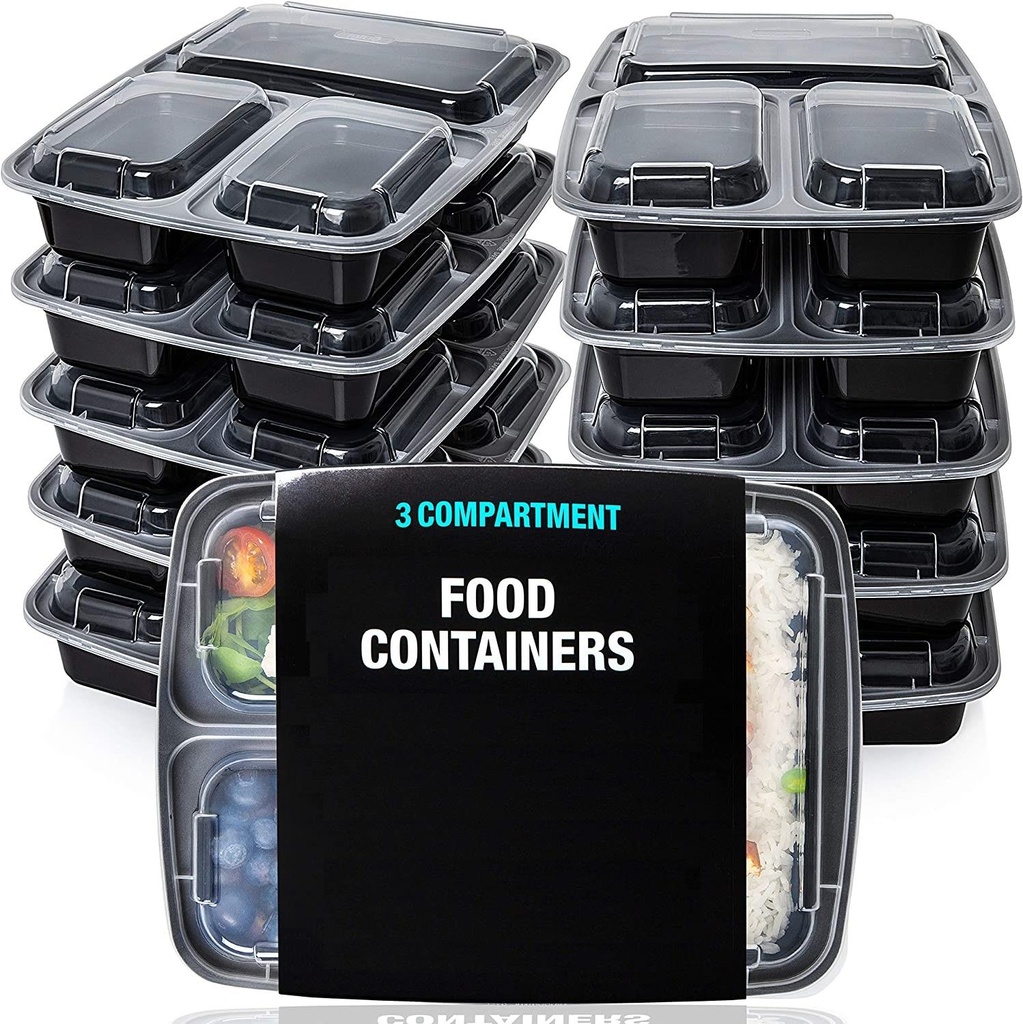 10 PACK 3 Compartment Meal Prep Container Plastic Food Storage Trays
